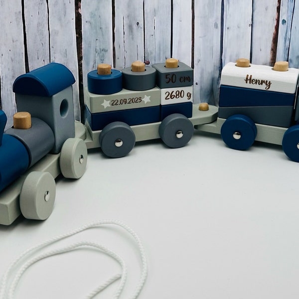 Holzeisenbahn blau, personalisierbarer Holzzug für Kinder, Lokomotive mit Namen, Zug mit Personalisierung, Eisenbahn aus Holz