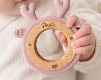 Personalized baby teething ring, gift for newborns, baby shower gift idea, baby teething ring with name, personalized teething ring with bunny design