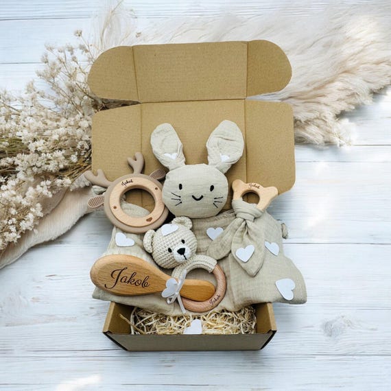 Süßes Baby Set Aus Musselin - Kuscheltuch, Lätzchen & Beißring In Grau