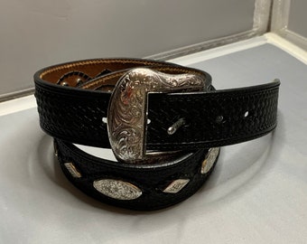 Nocona Black Tooled Leather Belt Braid Framed Silver Conchos and Buckle Vintage 1999, men’s, women’s, unisex, Western Style Accessory