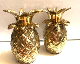 Brass Pineapples Pair of Candleholders Vintage Symbol of Welcome, Made in Taiwan, Candle Sticks shelf table decor