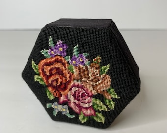 Embroidered Vintage  Cabbage Roses Floral Petit Point & Black Silk Trinket Box Hinged Jewel Box Ring