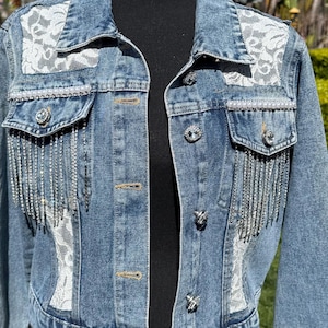 Boho Denim Jacket: White Lace & Rhinestone Embellished Jean Jacket
