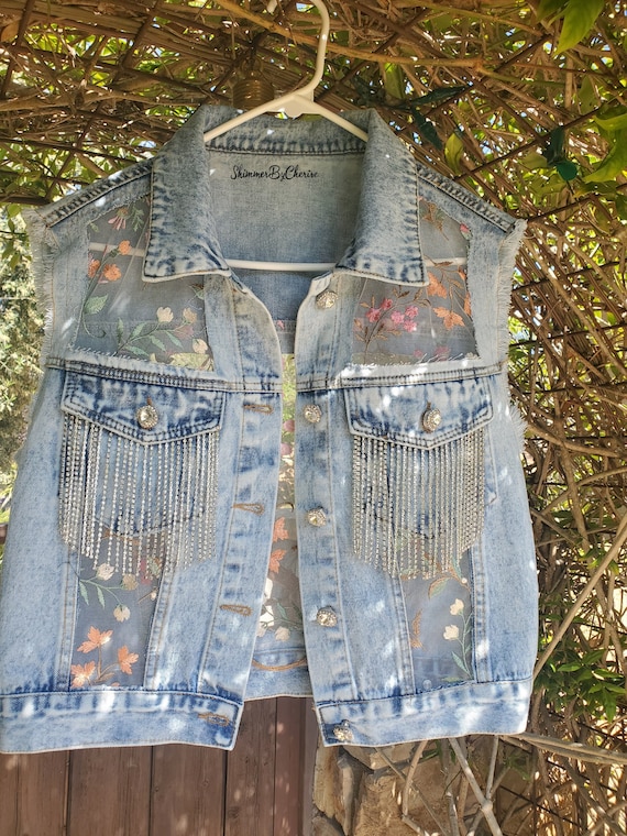 Floral Mesh Denim Vest, Rhinestone Fringe, Garden Party Jacket - Etsy