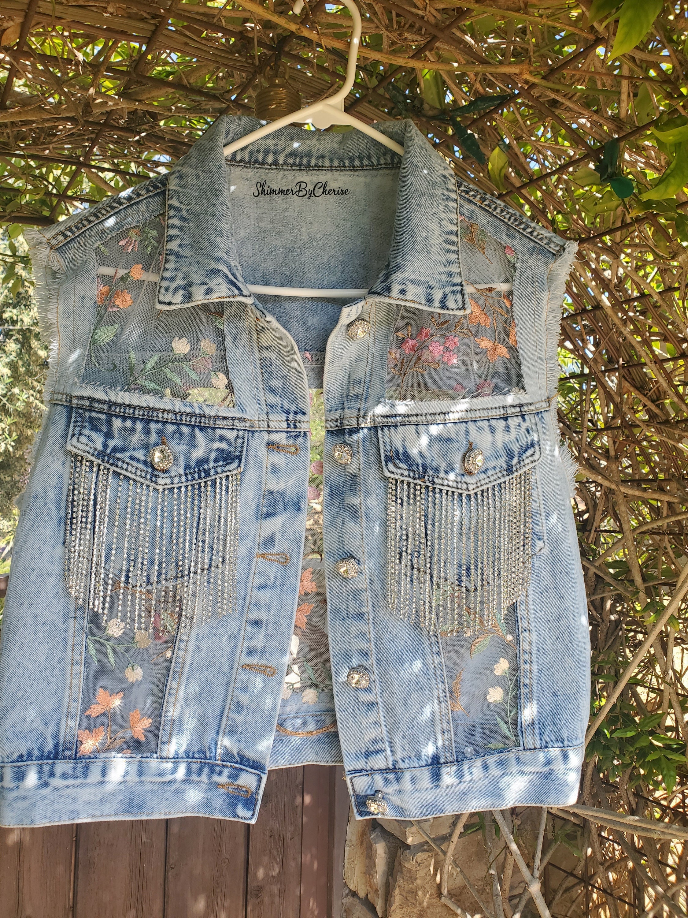 Floral Mesh Denim Vest / Rhinestone Denim Vest / Garden