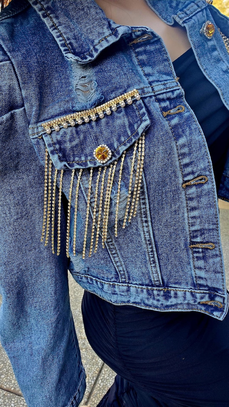 Retro Denim Jacket/ Embellished Rhinestone Denim Jacket / Distressed