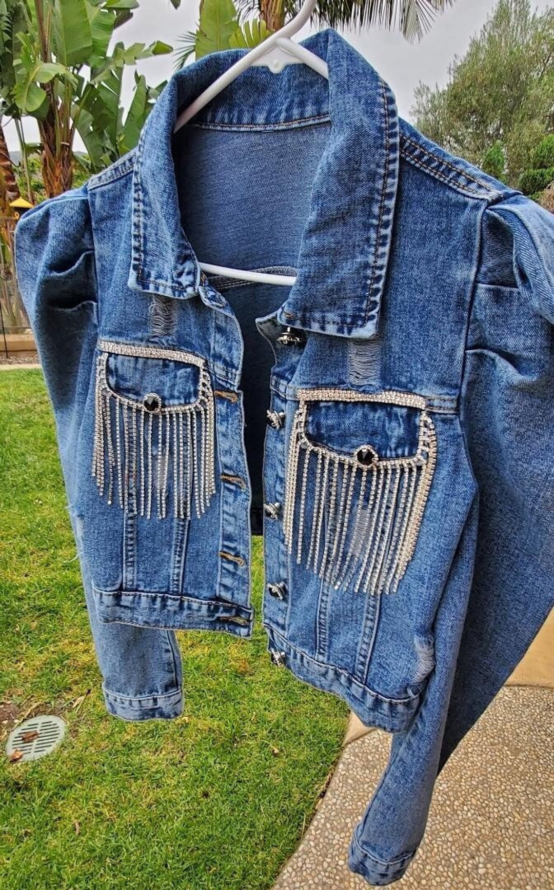 【EEUN】Crop fringe denim jacket Plus Size Fringe-Detailed Cropped Denim Jacket - online