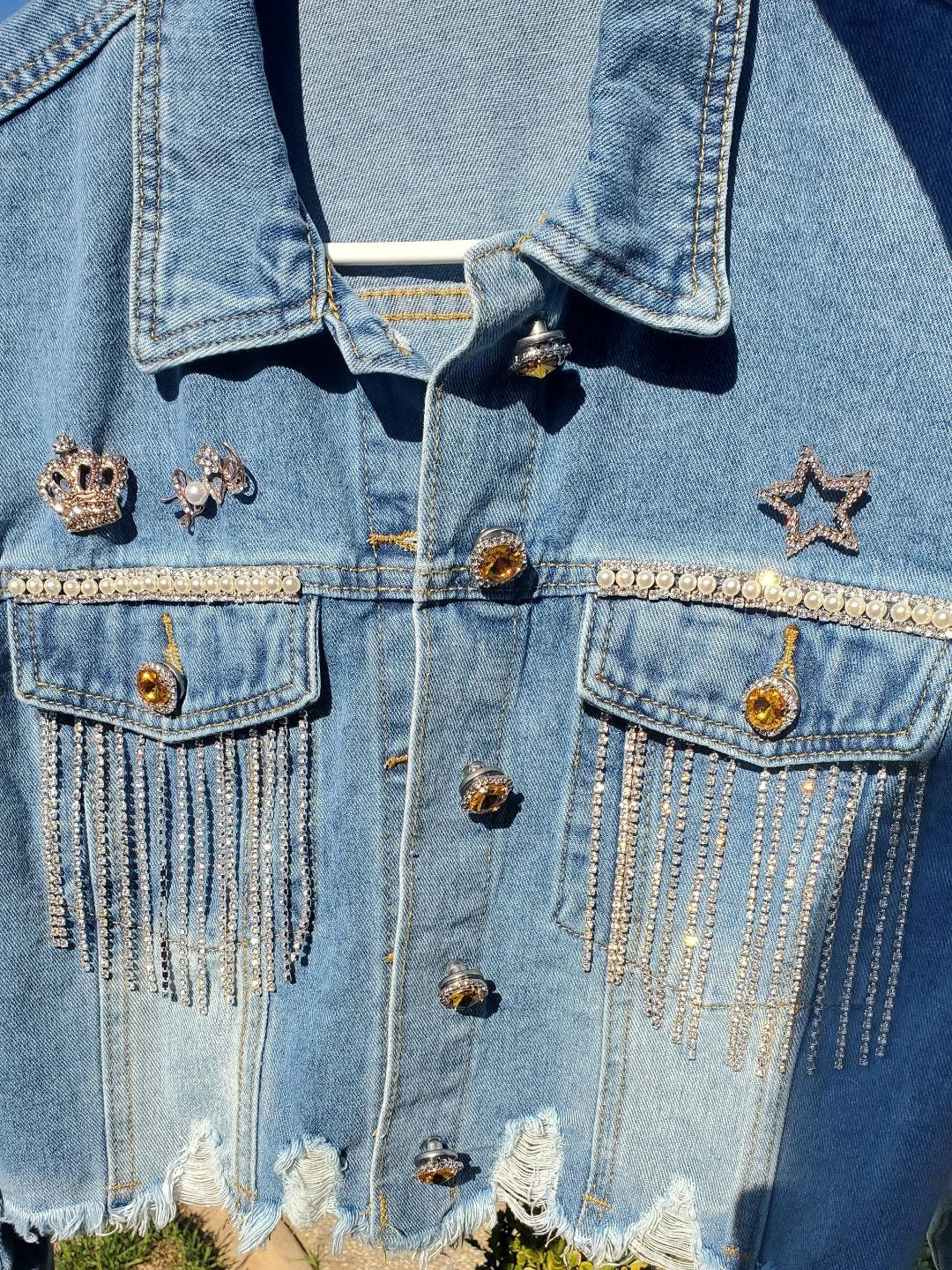 Diy Rhinestone Fringe Denim Jacket Diamond Bling Jacket