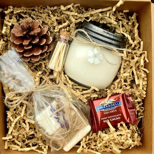 Fall Season Bath and Body Gift Set! Natural Soy Wax Candle! Organic Oatmeal Soap! Pine Cone Tree Ornament & Glass Vial of Matches