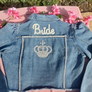 Bride Jacket / Denim Bride Jacket / Gift for the Bride / Bridal Shower Gift / Rhinestone Denim Jacket / Denim Crop Jacket /