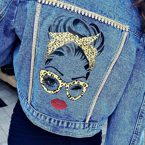 Retro Denim Jacket/ Embellished Rhinestone Denim Jacket / Distressed Crop Jean Jacket / Bling Jean Jacket