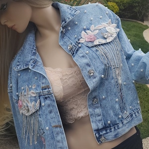 Floral Mesh Denim Jacket / Boho Denim Jacket / Rhinestone Denim Jacket / Bride Jacket / Bachelorette Jacket / Mothers Day Gift / Denim Pearl