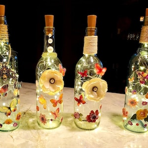 Fairy Lights / Wine Bottle Lights / Upcycled Wine Bottles / Table Top Decorations / Vintage Butterfly Bottles / Decorated Wine Bottles /