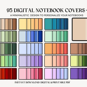 Puede incluir: 95 cubiertas digitales para cuadernos con un diseño minimalista. Las cubiertas presentan una variedad de colores y patrones, incluyendo colores sólidos, rayas y degradados. Las cubiertas son perfectas para personalizar tus cuadernos y agregar un toque de estilo a tu espacio de trabajo digital.