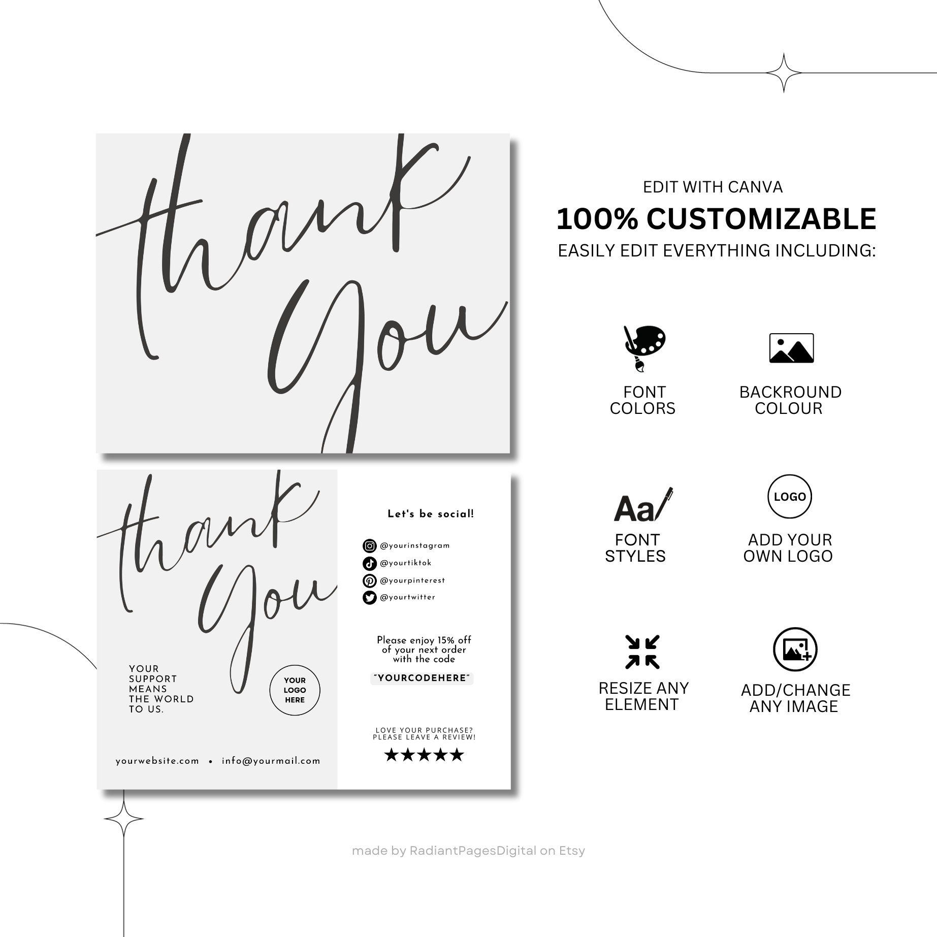 Business THANK YOU CARD Template, Fully Customizable, Front and Back