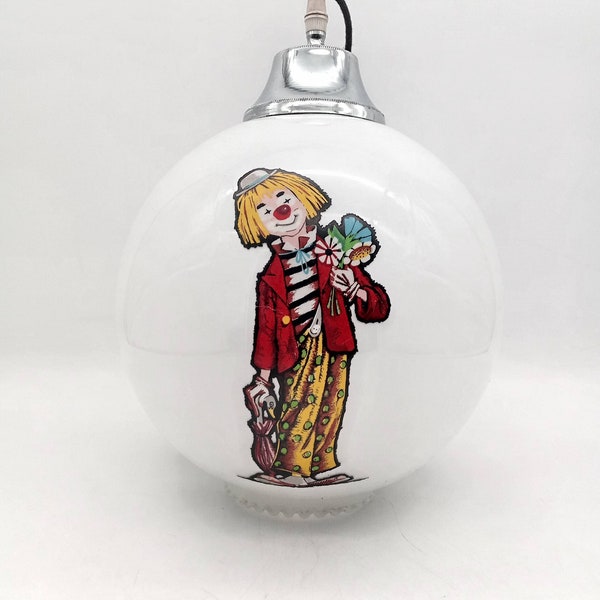 Ceiling lamp to hang children's decoration drawings clowns, large globe light white glass sphere period 60s 70s vintage space retro light