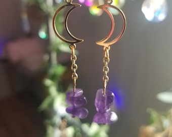 Amethyst earrings, crystal earrings, celestial earrings, Birthday gift for her, witchy gift for women, gemstone earrings, sun earrings