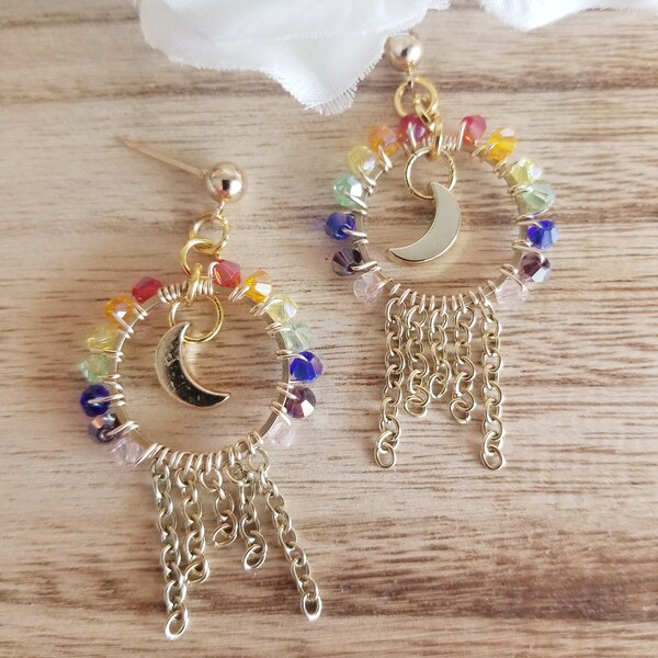 Rainbow earrings, beaded hoop earrings, Birthday gift for her, witchy gifts for women, beaded hoops, rainbow hoop earrings, witchy earrings