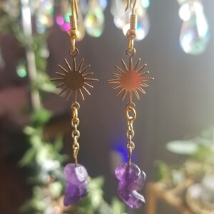 Amethyst earrings, crystal earrings, celestial earrings, Birthday gift for her, witchy gift for women, gemstone earrings, sun earrings