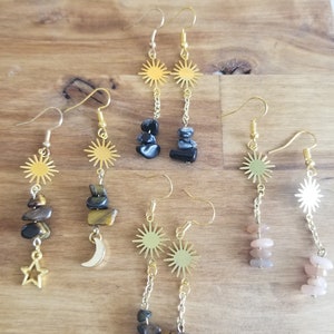 Boucles d&#39;oreilles en pierres précieuses, boucles d&#39;oreilles en cristal, cadeau de sorcière pour femme, cadeau d&#39;anniversaire pour elle, cadeau fait main, boucles d&#39;oreilles célestes, boucles d&#39;oreilles légères