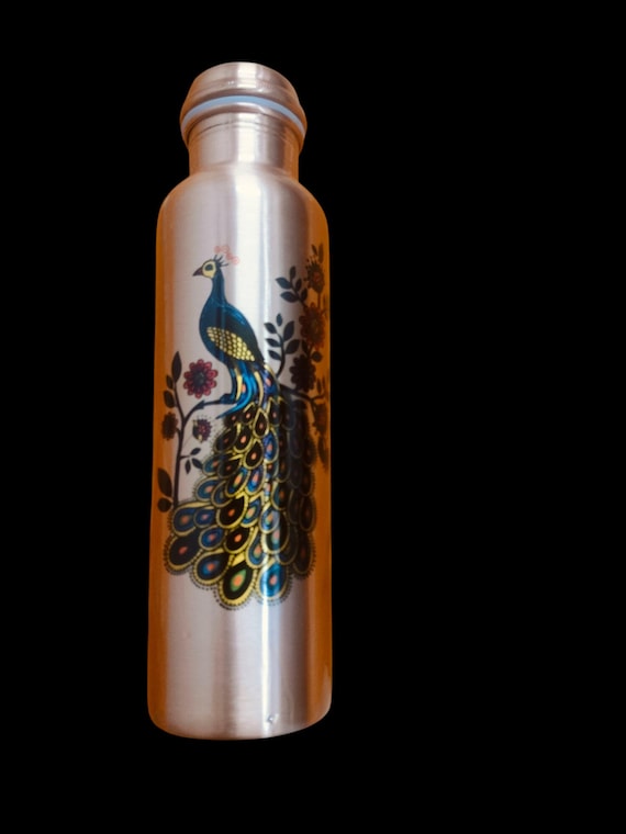 Peacock print Copper Coated Water Bottle, Drinking Copper Bottles, Pure Copper Bottle, Ayurveda Yoga Health Benefits Copper Bottles