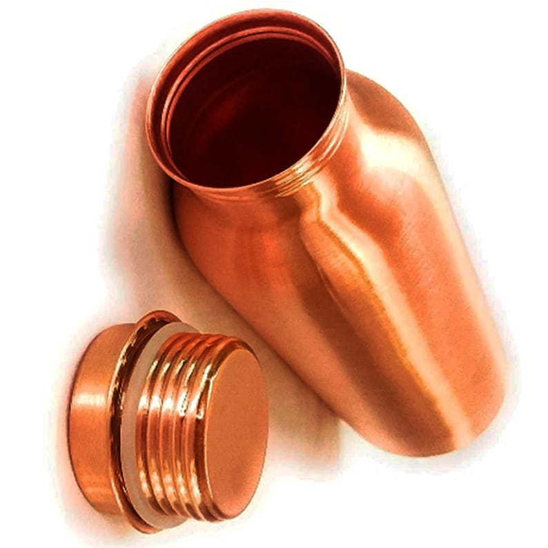 May include: A copper water bottle with a lid. The bottle is shiny and has a rounded shape. The lid is also copper and has a screw-on top.
