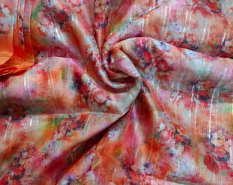 Organza naranja con estampado floral, tela de organza con estampado floral, organza ligera, organza fina y suave, tela de organza de poliéster con estampado floral