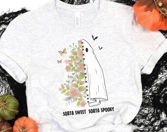 Halloween Shirt, Sorta Sweet Sorta Spooky Shirt, Cute Ghost Shirt, Wildflower T-shirt, Women's T-shirts, Trick or Treat Shirt Costume Tee