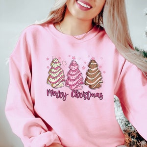 Pink Christmas Tree Sweatshirt, Little Debbie Christmas Tree Cake Shirt, Womens Merry Christmas Shirt, Holiday Apparel, Christmas Cake Shirt