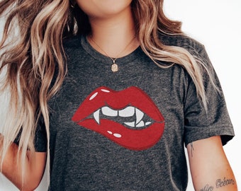 Trendy Vampire Lips Shirt, Halloween Vampire Shirt, Halloween Shirt, Vampire Fangs, Halloween Shirt, Trick Or Treat Costume, Lips Shirt