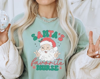 Comfort Colors Tshirt Nurse Christmas Shirt, Santas Favorite Nurse Shirt, Vintage Santa Shirt, Retro Santa Shirt, Cute Nurse Holiday Apparel