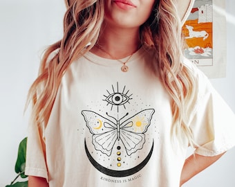 Comfort Colors Evil Eye Shirt Celestial Sun Moon Phase Tshirt Astrology Astronomy Tee Butterfly Boho Vintage Oversized Shirt Spiritual Kind