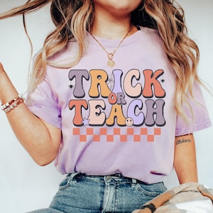 Comfort Colors Tshirt Teacher Halloween Shirt Trick or Teach Shirt Retro Halloween Tee Halloween Teacher Spooky Elementary Halloween Party