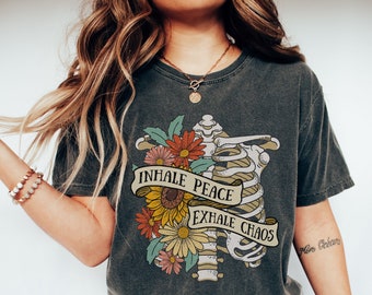 Comfort Colors Skeleton Shirt Mental Health Shirt Wildflower Tshirt Women's T-shirts Floral Shirt Positive Quote Shirt Breathe Shirt Inhale