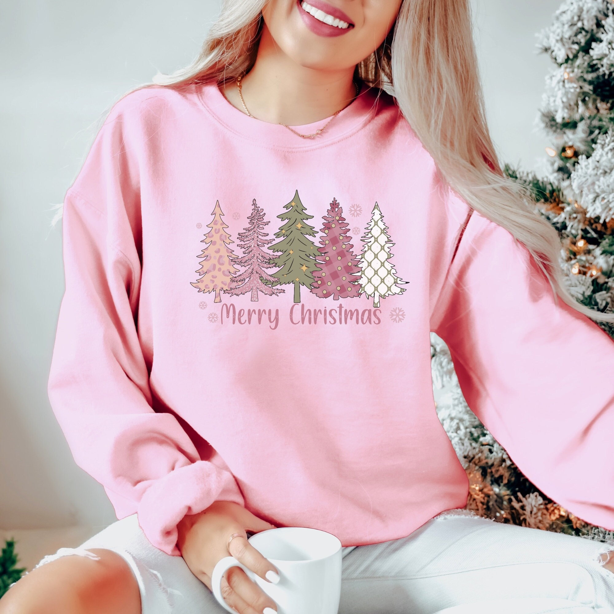 Pink Tree Christmas Sweatshirt, Christmas Tree Shirt Leopard, Merry Christmas Tree Sweater, Holiday Sweaters for Women, Winter Sweatshirt
