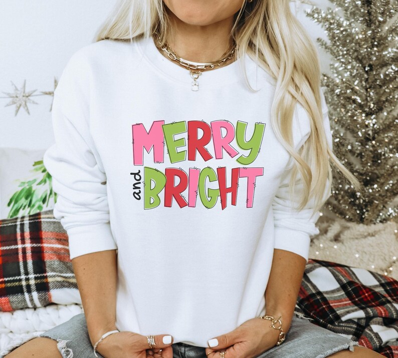 Merry and Bright Sweatshirt Pink Women’s Christmas - Etsy