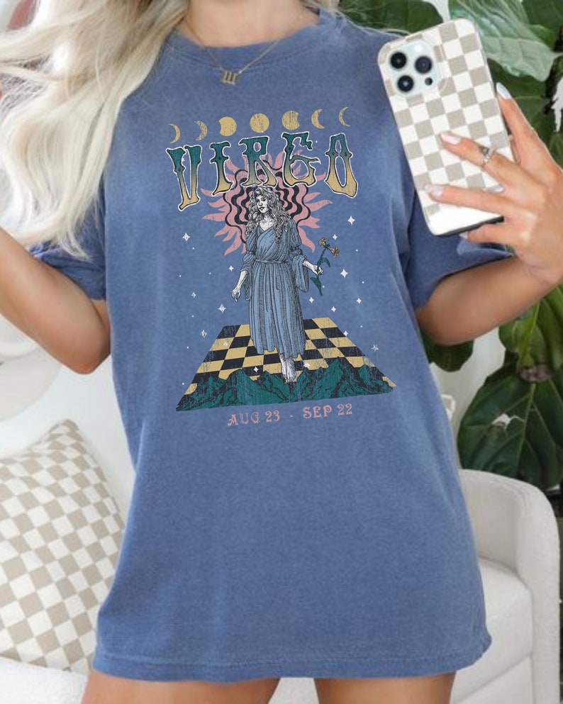 Comfort Colors Zodiac Virgo Vintage Tee, Celestial Virgo Shirt Trendy Oversized Tee, Astrology T Shirt, Zodiac Birthday Gift For Virgo Shirt Denim