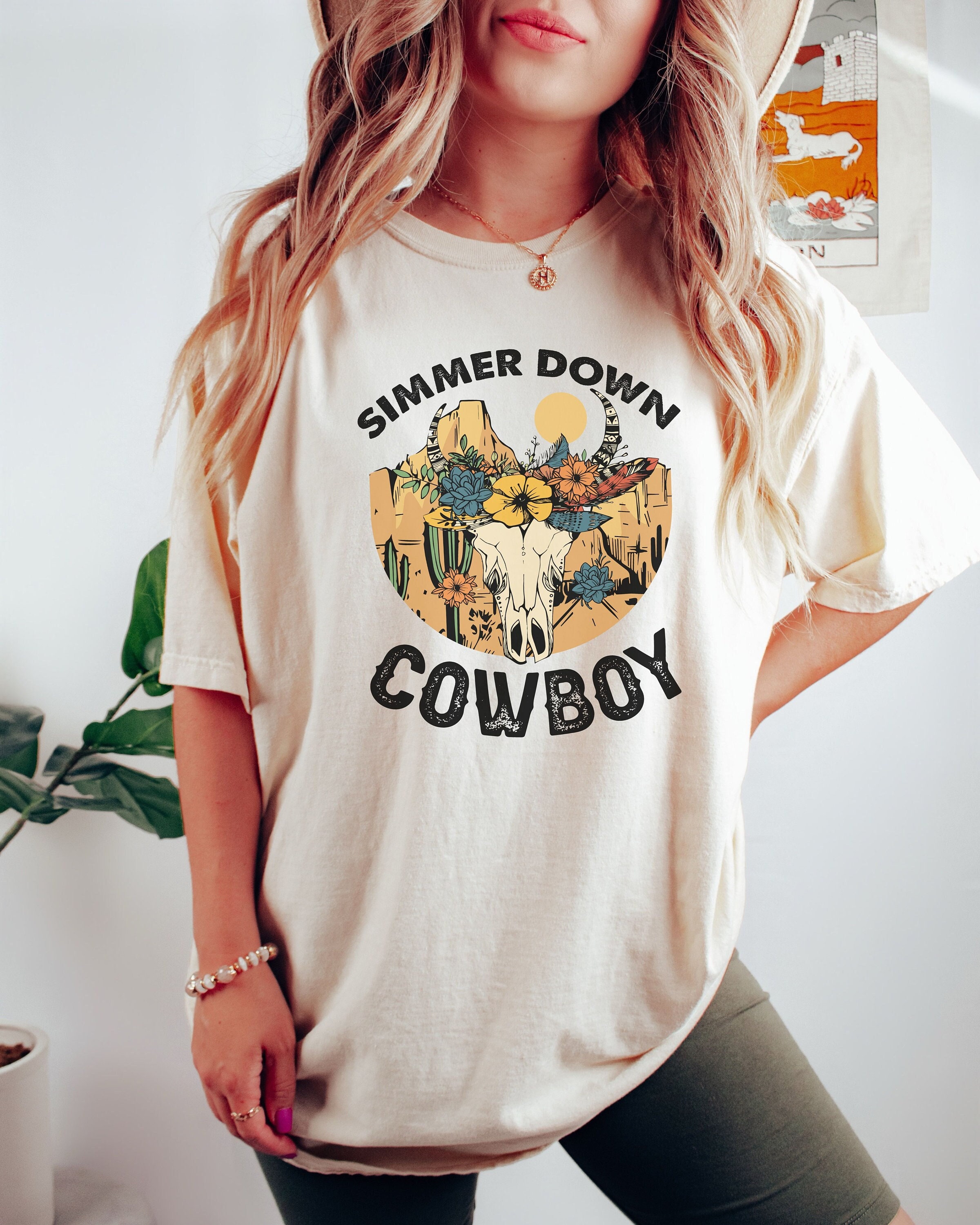 Vintage Style Comfort Colors Tee Boho Cow Skull Shirt Western Shirt Simmer Down Cowboy Cowgirl Shirt Bull Skull Shirt Arizona Desert Shirt