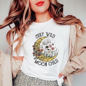 Mystical Stay Wild Moon Child Graphic Tee, Boho Floral Moon Shirt, Oversized T-shirt, Celestial Flower Tshirt, Gift For Her, Inspirational