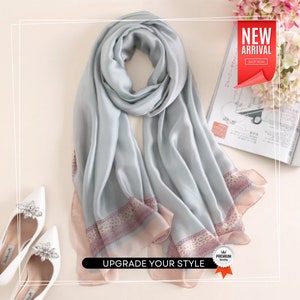 Pink grey silk scarf Summer shawl luxury stole bandana 180x90 fine soft foulard for woman chiffon neck wrap fashion gift idea for mother