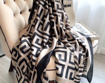 Black Beige silk scarf shawl luxury stole bandana 180x90 fine soft foulard for woman chiffon neck wrap vintage fashion gift idea for mother