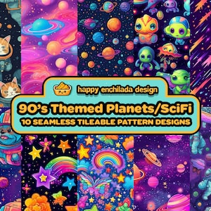 DIGITAL PAPER Colorful 90&#39;s Themed Planets/SciFi | Seamless Designs | Ten Colorful Patterns | Tile Patterns | Instant Download