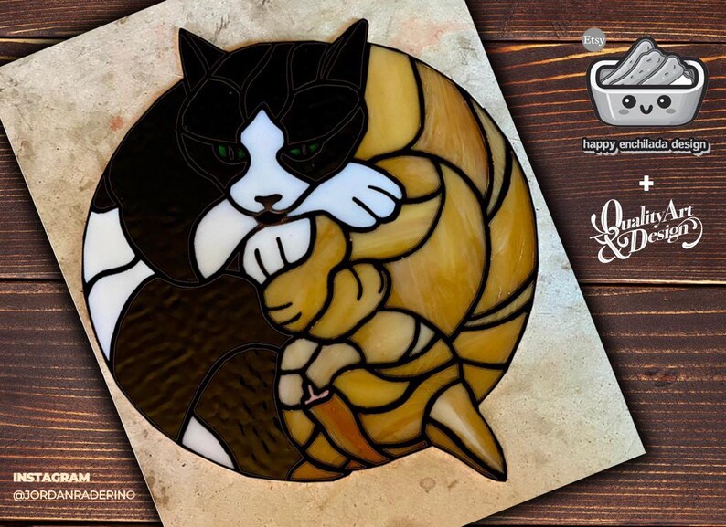 Stained Glass Pattern yinyang Cats Digital Download Printable PDF File