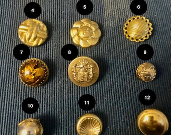 Vintage gold designer metal buttons from 1930 to 1950