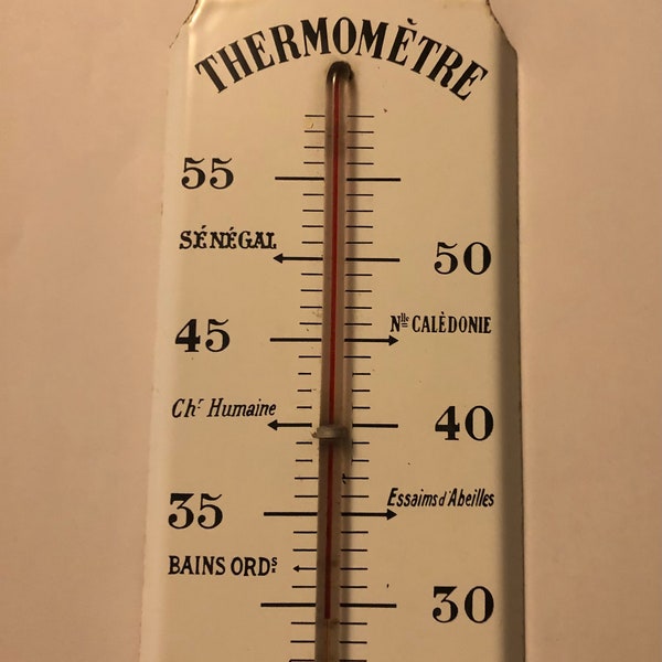 RARE Ancien et grand  thermomètre en tôle émaillée de 1910, avec mentions du Sénégal et Nouvelle Calédonie