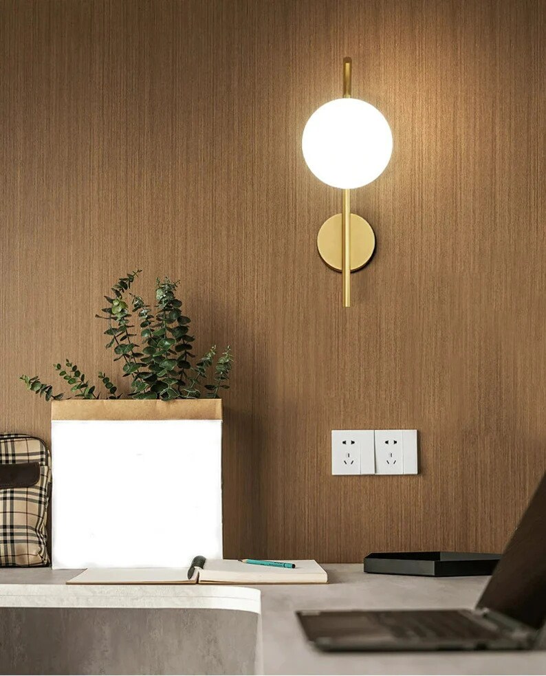 Mid Century Modern Gold Wall Sconce Milk Glass Wall Lamp Etsy