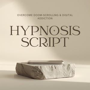 May include: A smartphone rests on a rough, light grey stone block. Above the phone, dark brown text reads: OVERCOME DOOM-SCROLLING & DIGITAL ADDICTION, followed by the words HYPNOSIS SCRIPT in a large, elegant serif font with a small star icon.