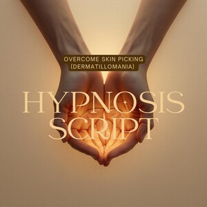 Peut inclure: Un graphique numérique montrant deux paumes en coupe brillant d'une lumière chaude. Le texte indique OVERCOME SKIN PICKING (DERMATILLOMANIA) dans un encadré sombre, suivi du grand texte élégant et clair HYPNOSIS SCRIPT centré sur l'image.