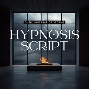 Puede incluir: Un gráfico digital con el texto blanco OVERCOME FEAR OF STORMS y HYPNOSIS SCRIPT centrado sobre una habitación oscura con una gran ventana que da a un cielo tormentoso. Una pequeña hoguera rectangular con llamas naranjas está en el suelo.