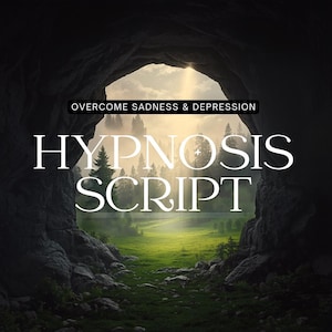 May include: A digital graphic featuring the text OVERCOME SADNESS & DEPRESSION and HYPNOSIS SCRIPT in white serif font. The background shows a dark, rocky cave opening looking out onto a bright, sunlit green meadow with pine trees and misty light.